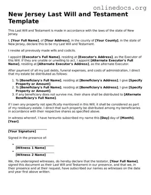 Fillable  Last Will and Testament Form for New Jersey