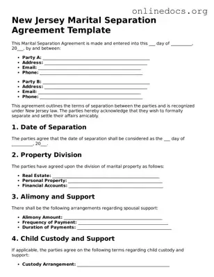 Fillable  Marital Separation Agreement Form for New Jersey