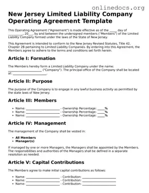 Fillable  Operating Agreement Form for New Jersey