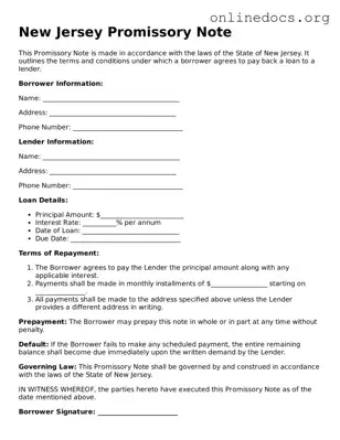 Fillable  Promissory Note Form for New Jersey