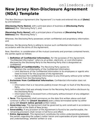 Fillable  Non-disclosure Agreement Form for New Jersey