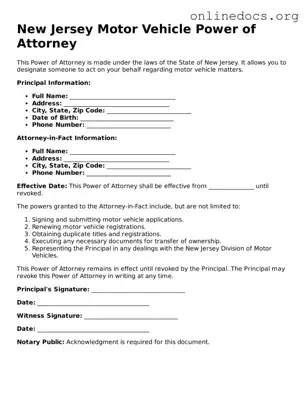 Fillable  Motor Vehicle Power of Attorney Form for New Jersey