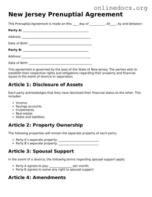 Fillable  Prenuptial Agreement Form for New Jersey