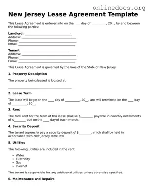 Fillable  Lease Agreement Form for New Jersey