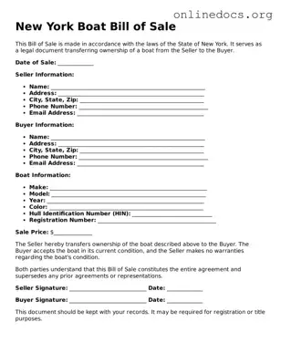 Fillable  Boat Bill of Sale Form for New York