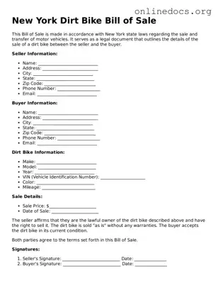 Fillable  Dirt Bike Bill of Sale Form for New York