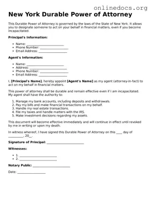 Fillable  Durable Power of Attorney Form for New York