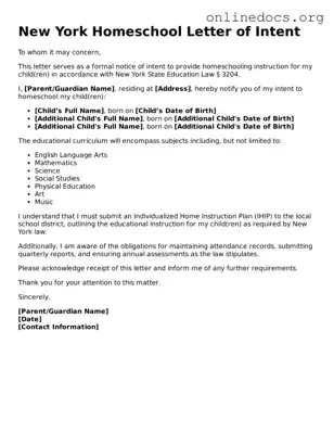 Fillable  Homeschool Letter of Intent Form for New York