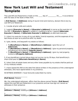 Fillable  Last Will and Testament Form for New York