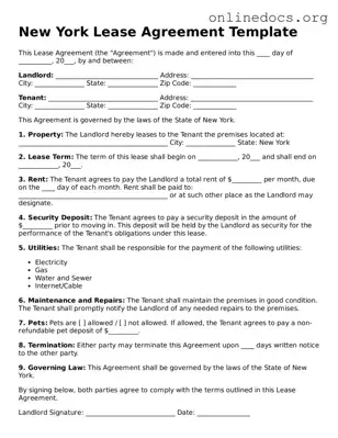 Fillable  Lease Agreement Form for New York