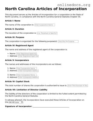 Fillable  Articles of Incorporation Form for North Carolina