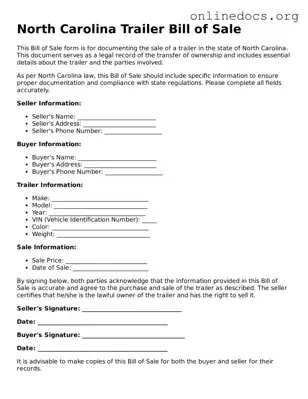 Fillable  Trailer Bill of Sale Form for North Carolina