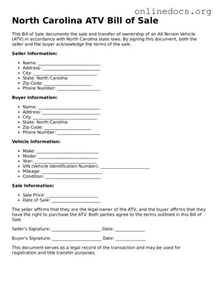Fillable  ATV Bill of Sale Form for North Carolina