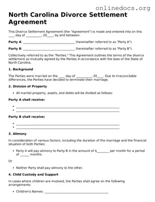 Fillable  Divorce Settlement Agreement Form for North Carolina