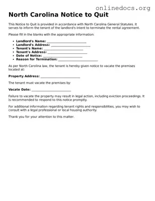 Fillable  Notice to Quit Form for North Carolina
