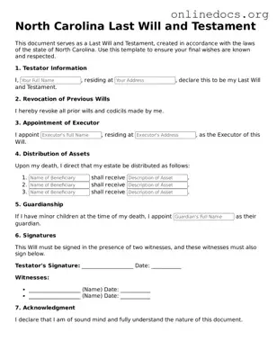Fillable  Last Will and Testament Form for North Carolina