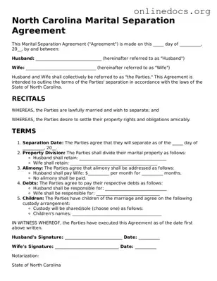 Fillable  Marital Separation Agreement Form for North Carolina