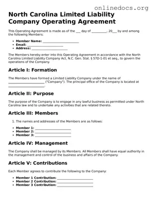 Fillable  Operating Agreement Form for North Carolina