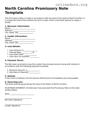 Fillable  Promissory Note Form for North Carolina