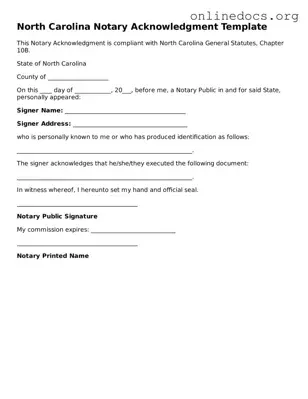 Fillable  Notary Acknowledgement Form for North Carolina