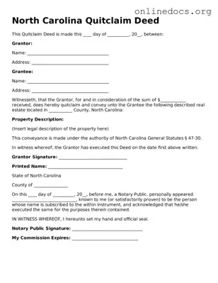 Fillable  Quitclaim Deed Form for North Carolina
