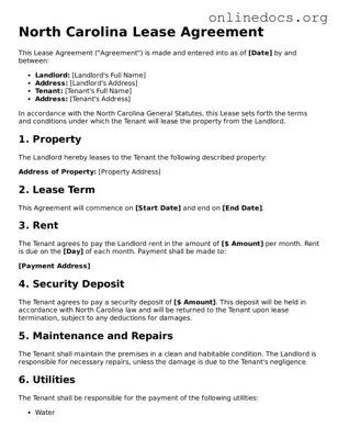 Fillable  Lease Agreement Form for North Carolina