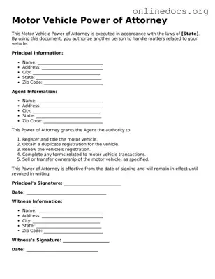 Printable Motor Vehicle Power of Attorney Form