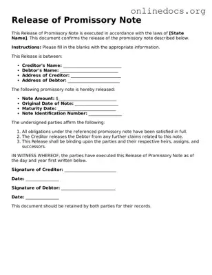Printable Release of Promissory Note Form