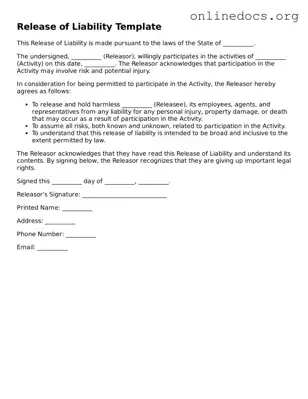 Printable Release of Liability Form