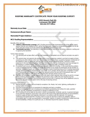 Roofing Warranty Certificate PDF Form