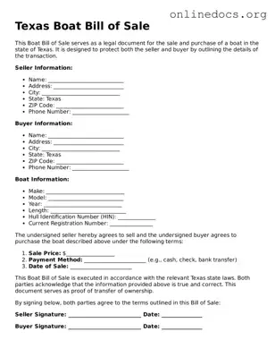 Fillable  Boat Bill of Sale Form for Texas