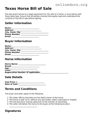 Fillable  Horse Bill of Sale Form for Texas