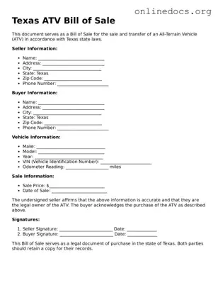 Fillable  ATV Bill of Sale Form for Texas
