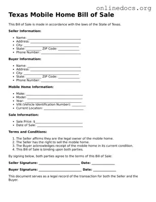 Fillable  Mobile Home Bill of Sale Form for Texas