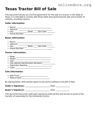 Fillable  Tractor Bill of Sale Form for Texas