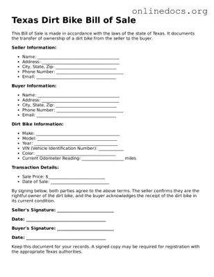 Fillable  Dirt Bike Bill of Sale Form for Texas