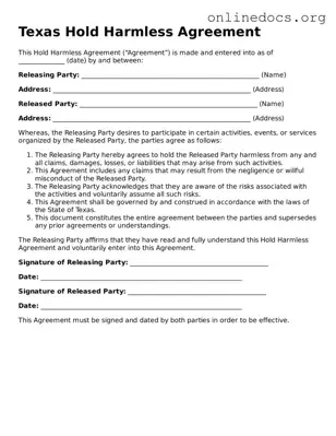 Fillable  Hold Harmless Agreement Form for Texas