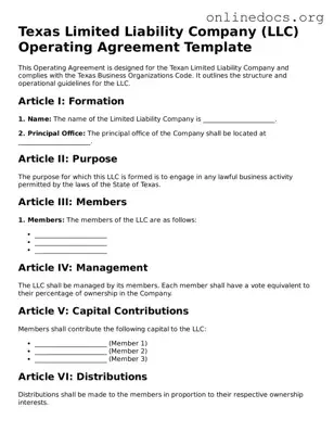 Fillable  Operating Agreement Form for Texas