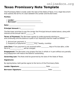 Fillable  Promissory Note Form for Texas