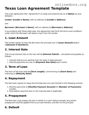 Fillable  Loan Agreement Form for Texas