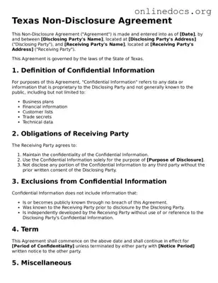 Fillable  Non-disclosure Agreement Form for Texas