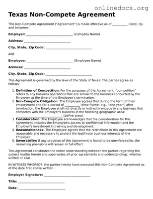 Fillable  Non-compete Agreement Form for Texas