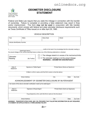 Texas Odometer Statement PDF Form
