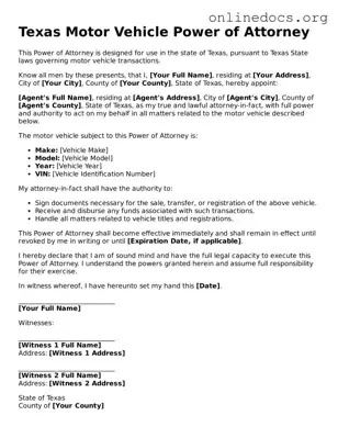 Fillable  Motor Vehicle Power of Attorney Form for Texas
