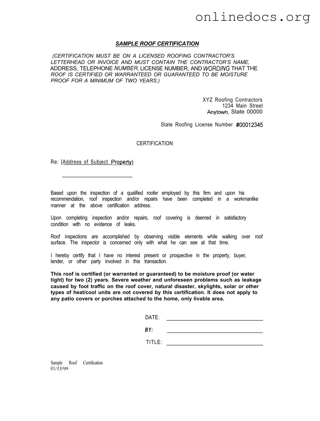 Sample Roof Certification PDF Form