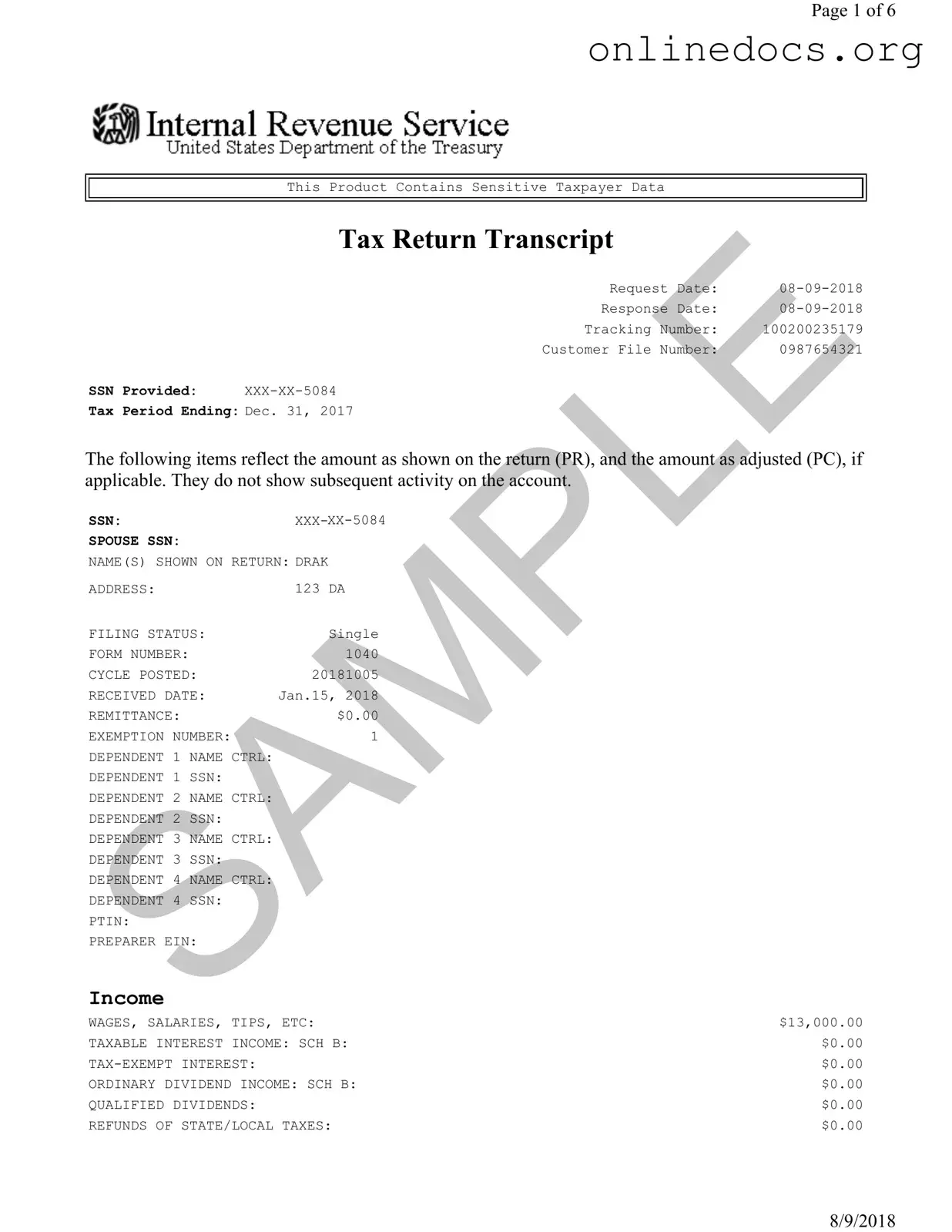 Sample Tax Return Transcript PDF Form