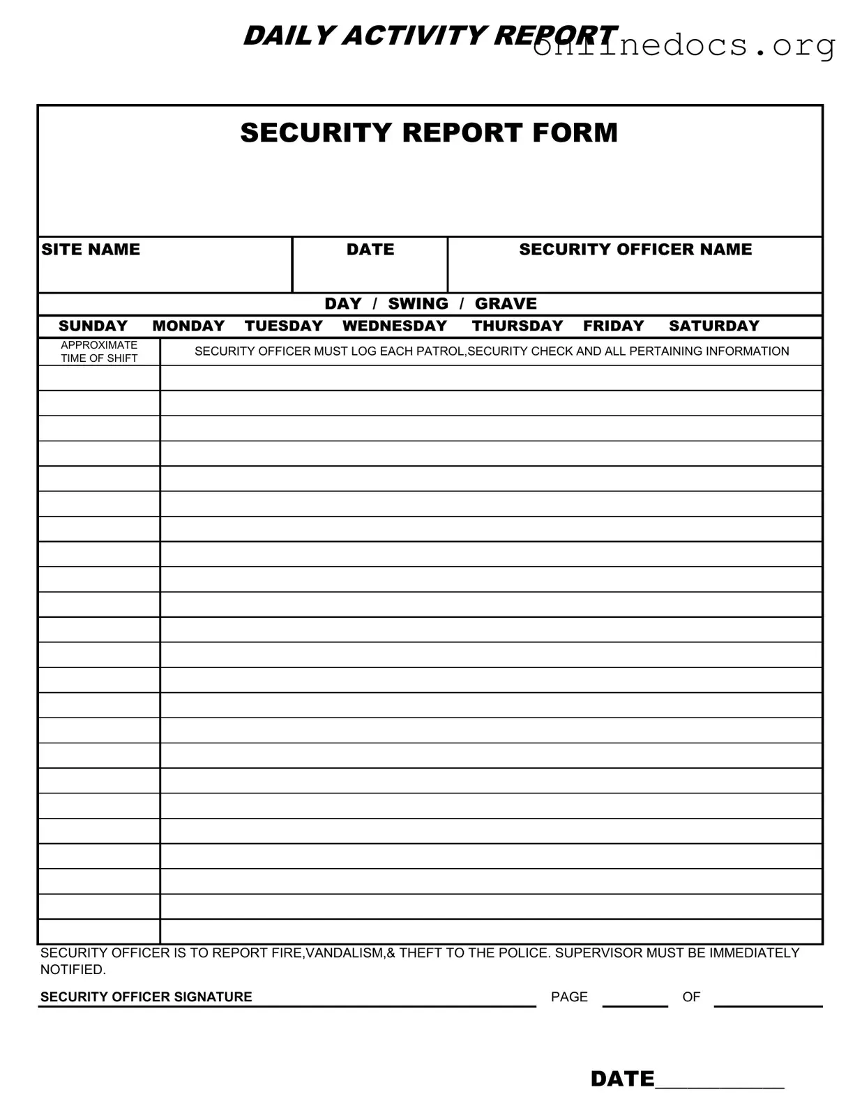 Security Guard Daily Report Sample PDF Form