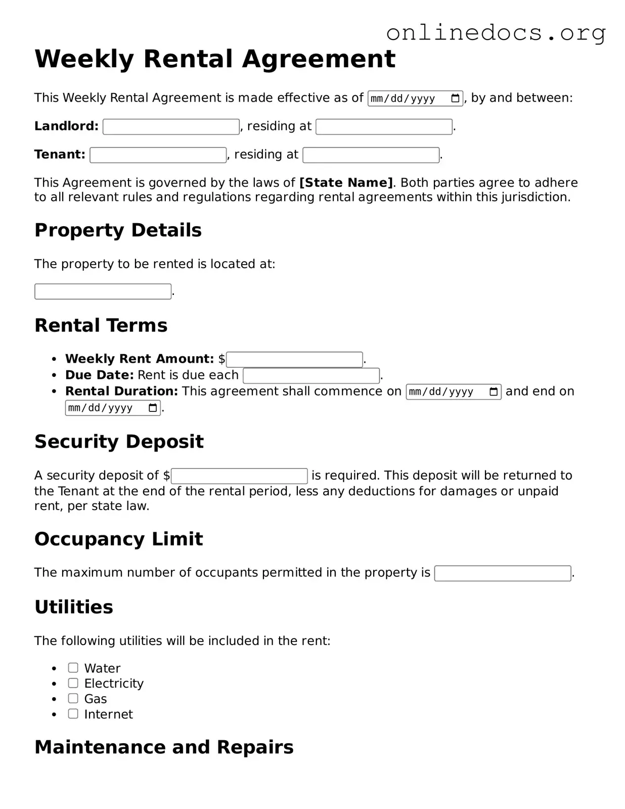 Printable Weekly Rental Agreement Form