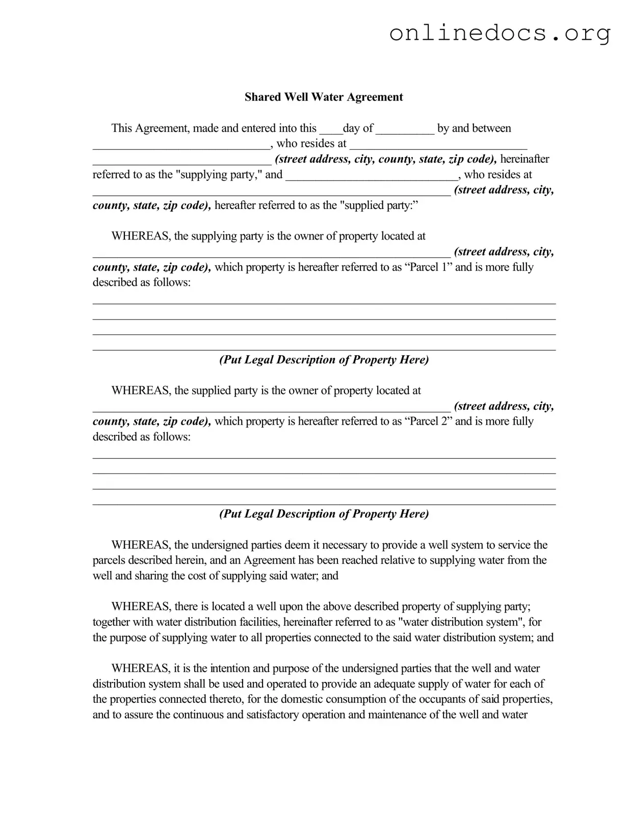 Shared Well Agreement PDF Form