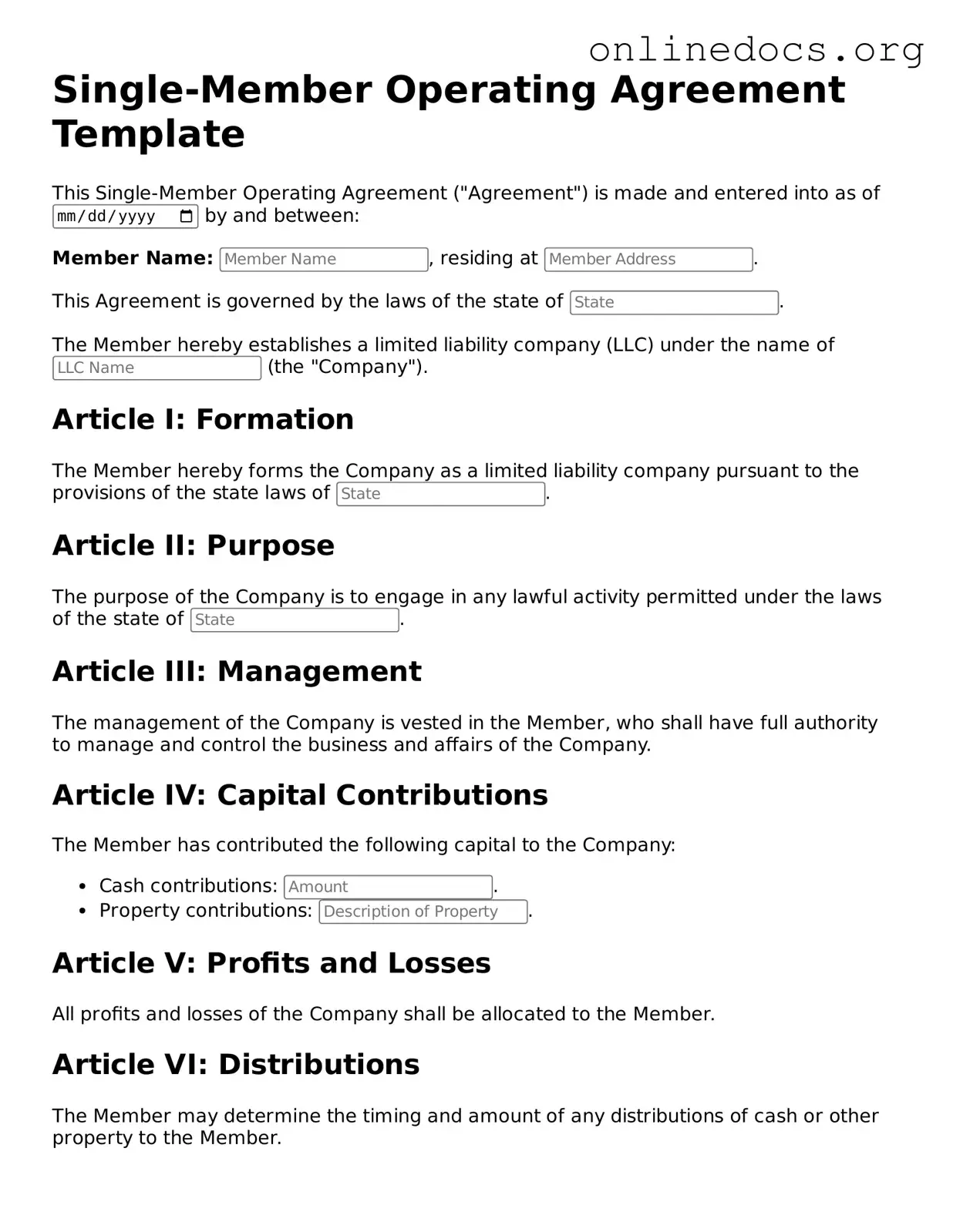 Printable Single-Member Operating Agreement Form